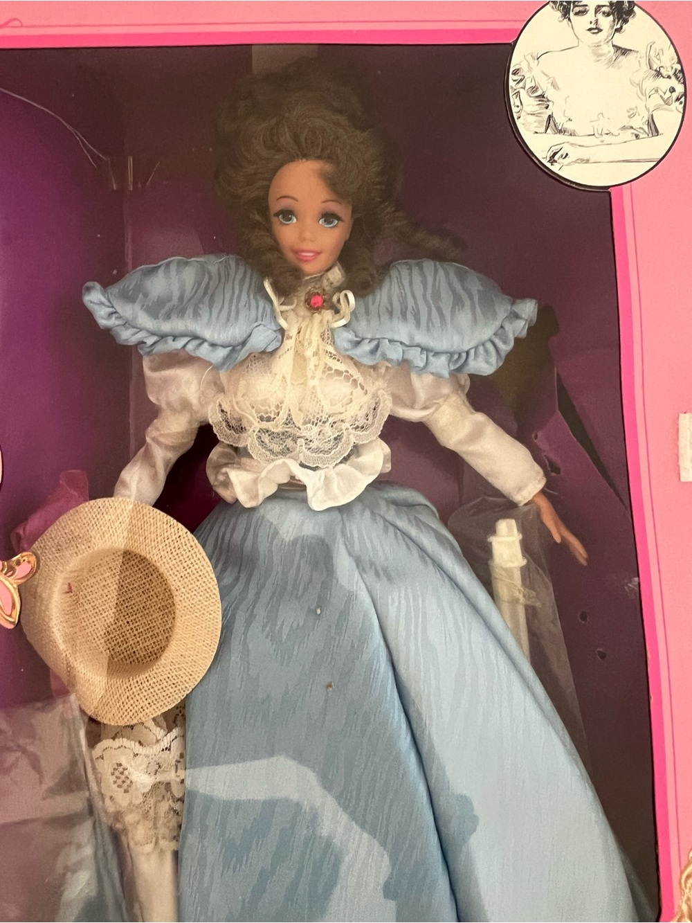 1993 Gibson Girl Barbie Blue Victorian Style Fashion Doll with Straw Hat